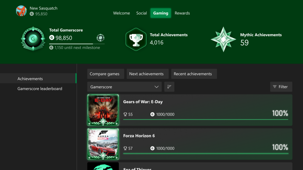 Xbox profile achievement history showing a Mythic Achievement