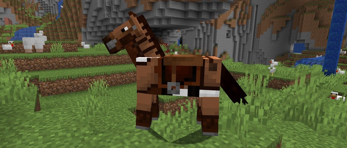 A brown Minecraft horse wearing a saddle on a grassy hillside