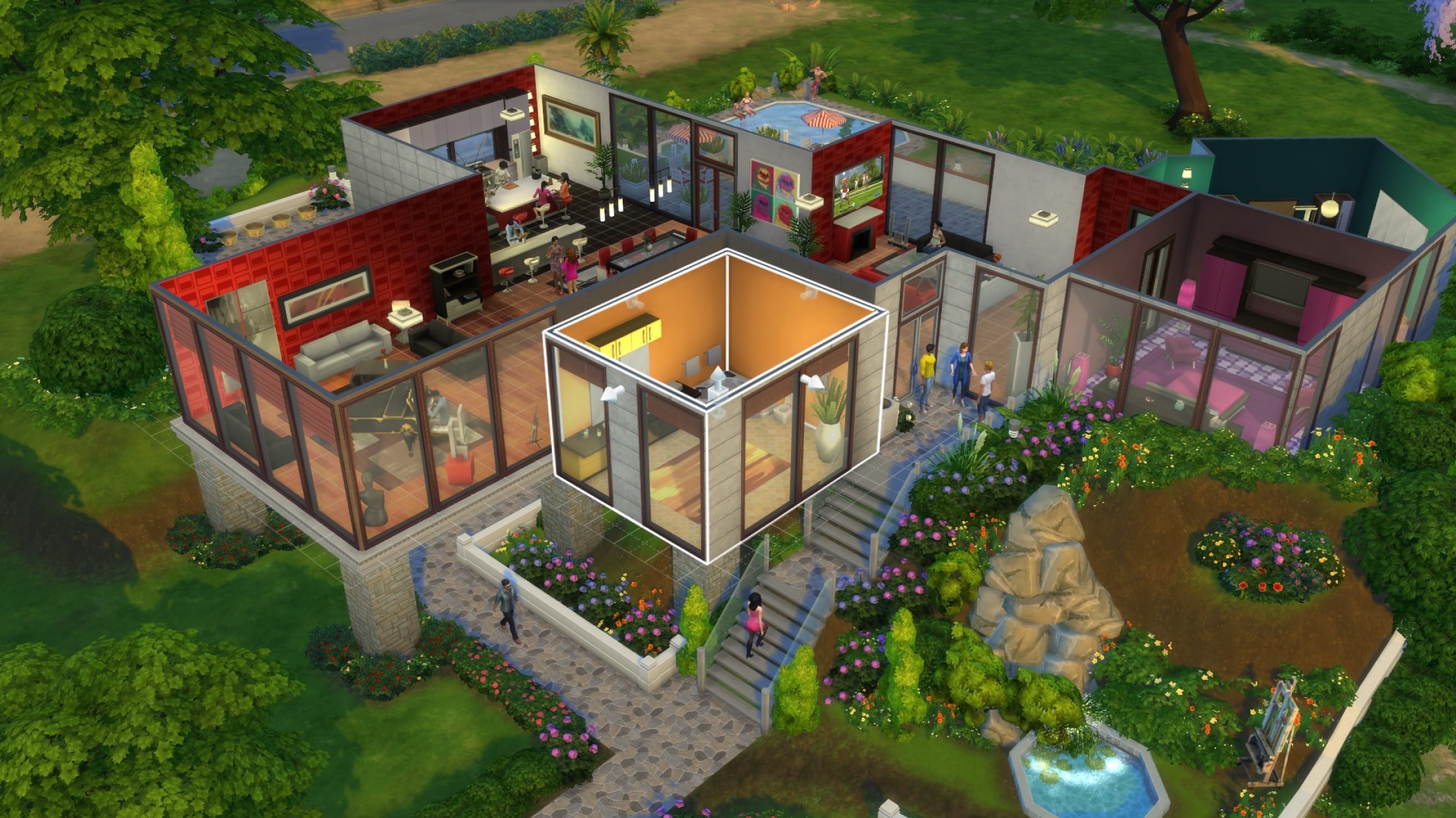 A glass-walled modern home with a rooftop pool in Build Mode