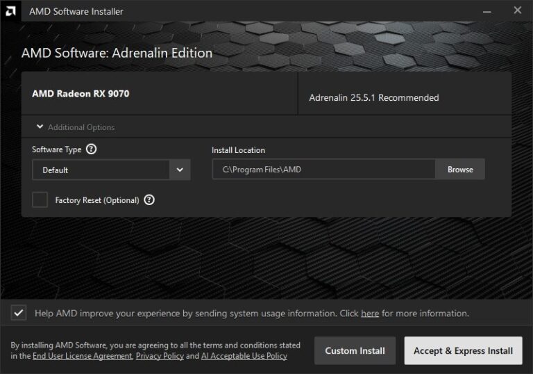 AMD Software Installer showing Radeon RX 9070 with Adrenalin 25.5.1 Recommended