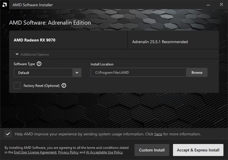 AMD Software Installer showing Radeon RX 9070 with Adrenalin 25.5.1 Recommended