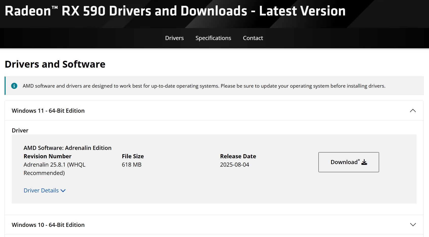 AMD driver page for Radeon RX 590 with a Windows 11 download