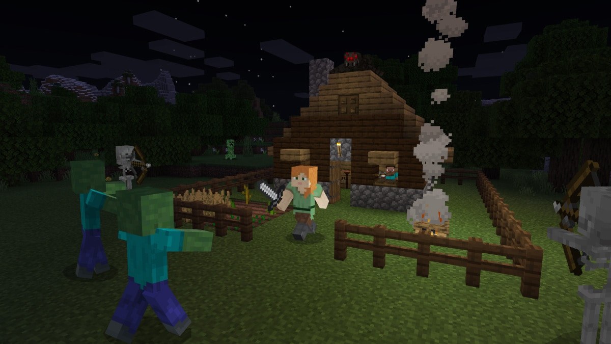 Alex defends a wooden house from zombies and skeletons at night