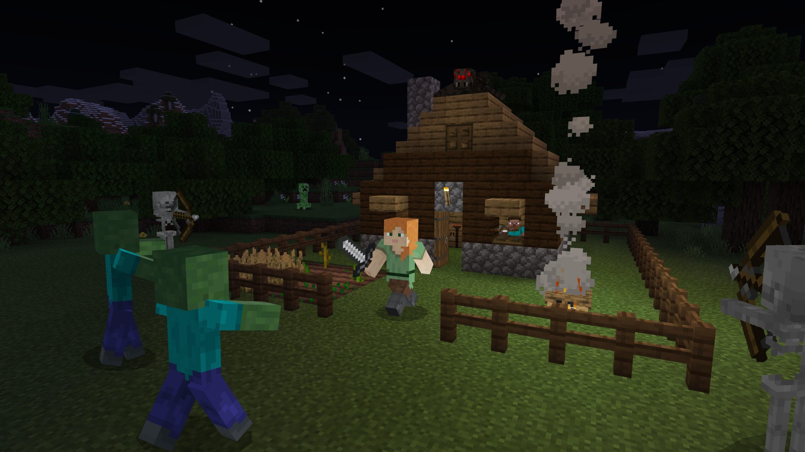 Alex defends a wooden house from zombies and skeletons at night