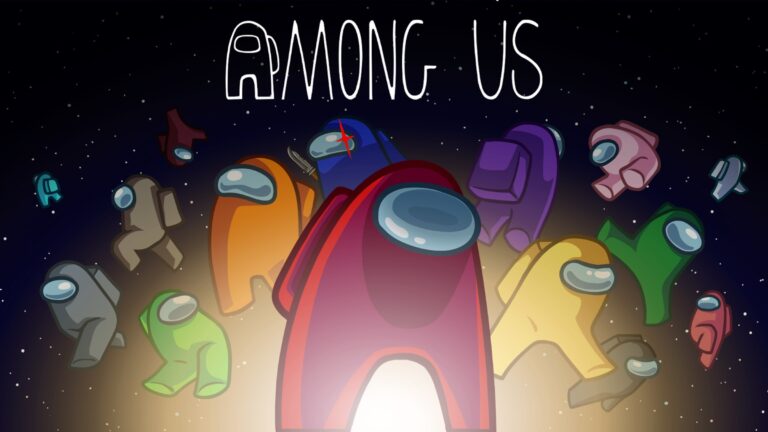 Among Us key art with a red crewmate and colorful crew in space
