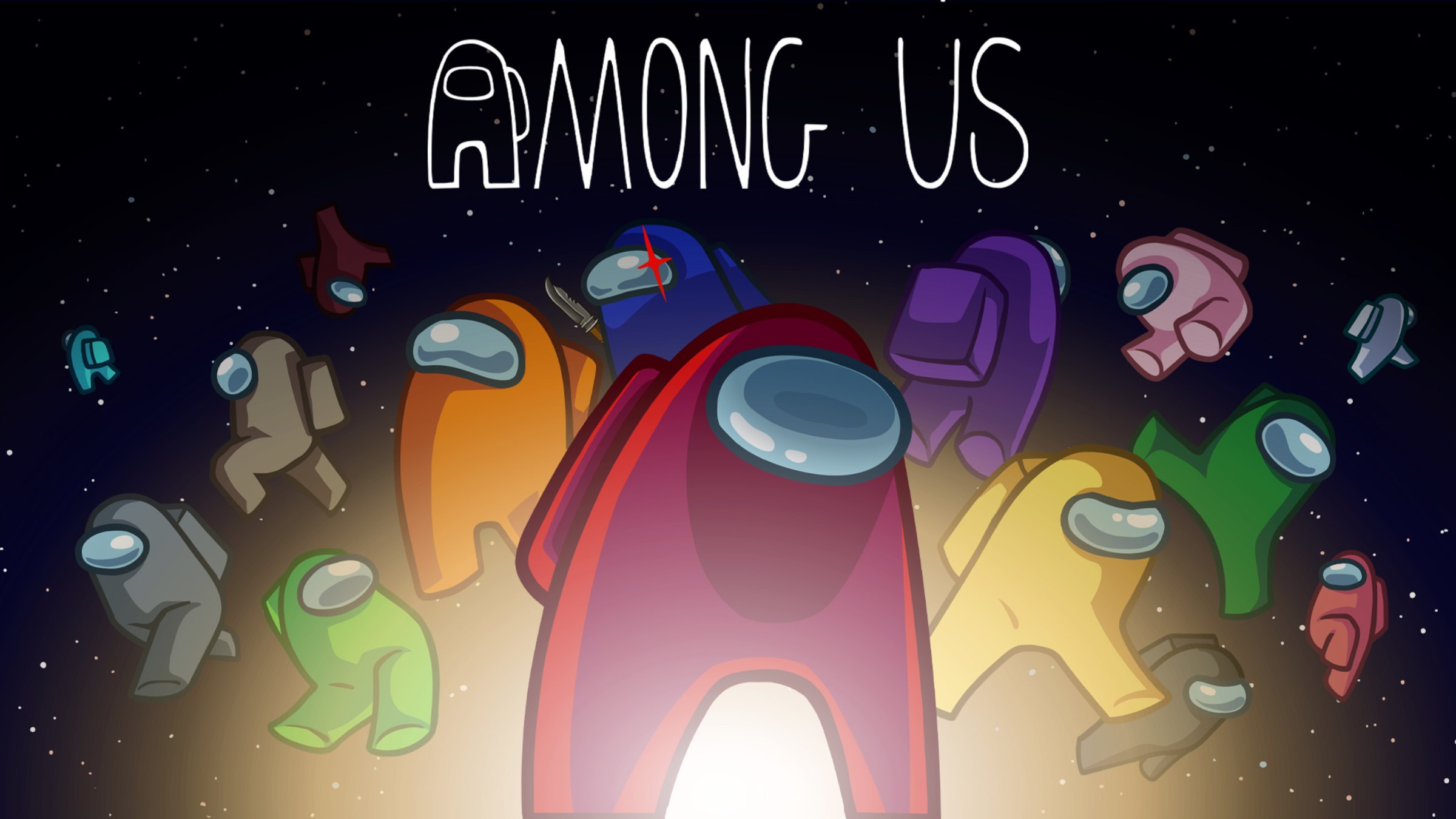 Among Us key art with a red crewmate and colorful crew in space