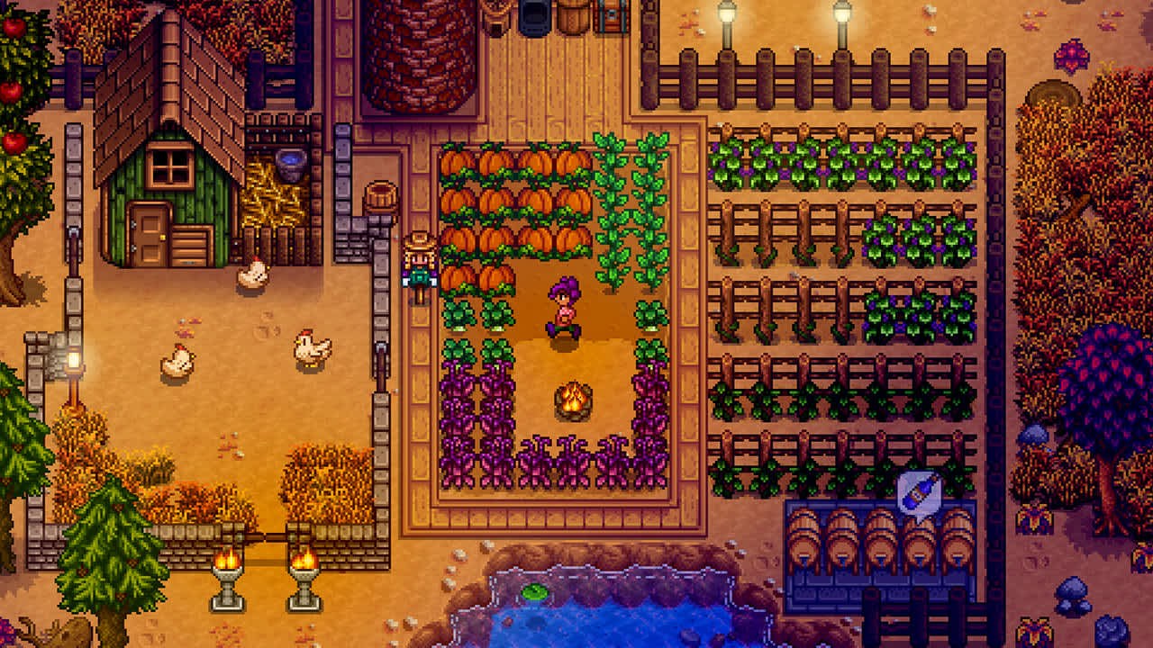 Autumn farm with pumpkins, a chicken coop, kegs and a campfire