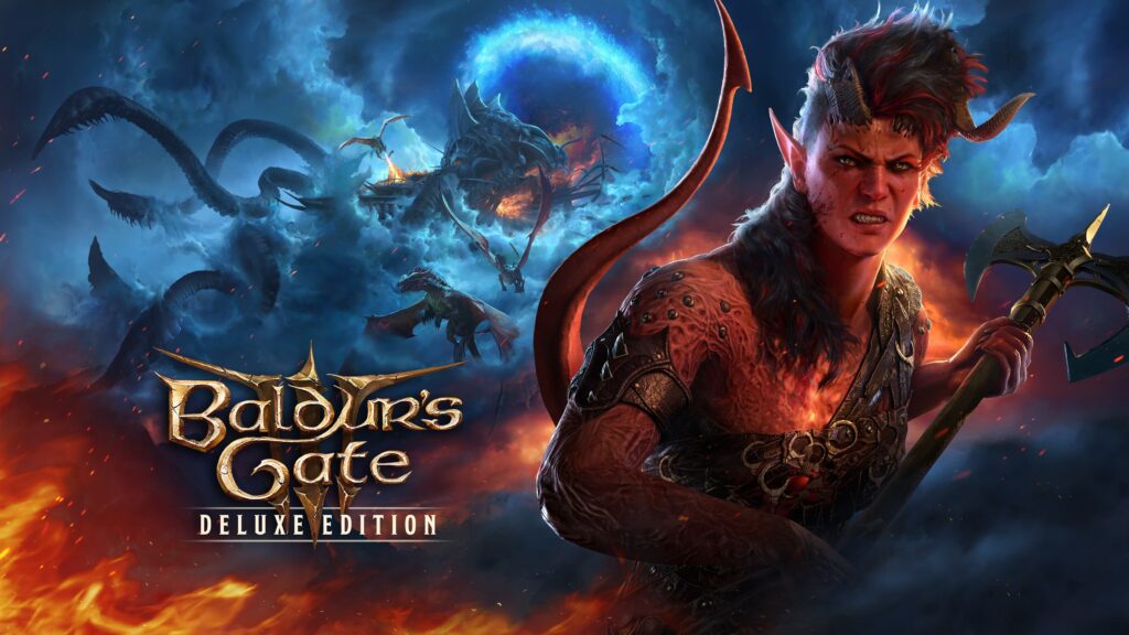 Baldur's Gate 3 Deluxe Edition key art with a horned tiefling warrior