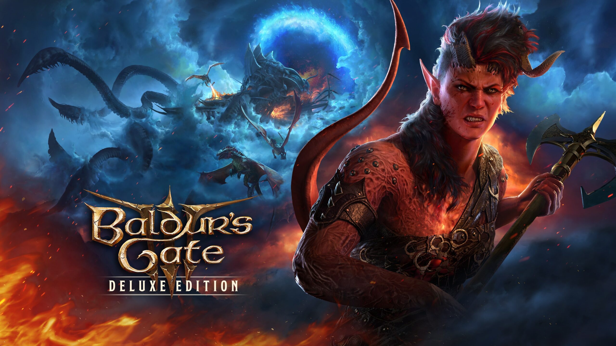 Baldur's Gate 3 Deluxe Edition key art with a horned tiefling warrior