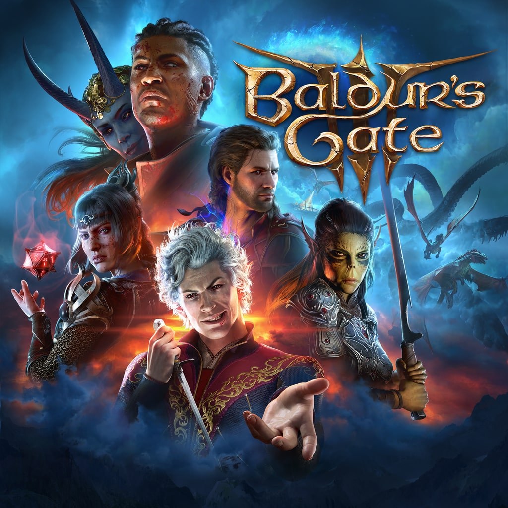 Baldur's Gate 3 cover art showing six party members beneath the logo