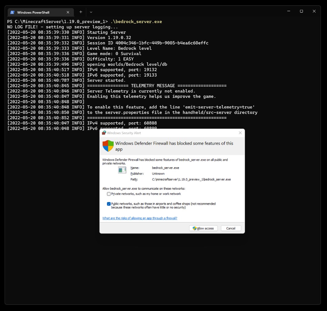 Bedrock Dedicated Server console in PowerShell with a Windows Defender Firewall alert