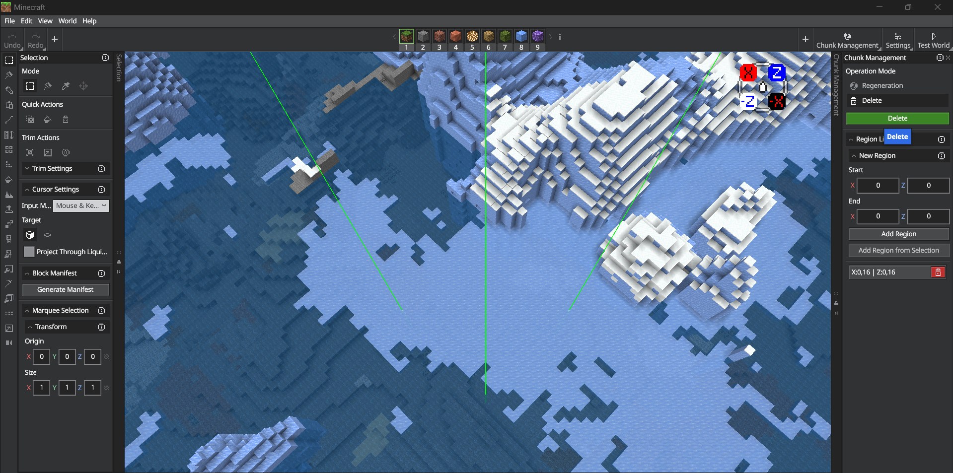 Bedrock Editor Chunk Management panel with a region listed as X:0,16 Z:0,16
