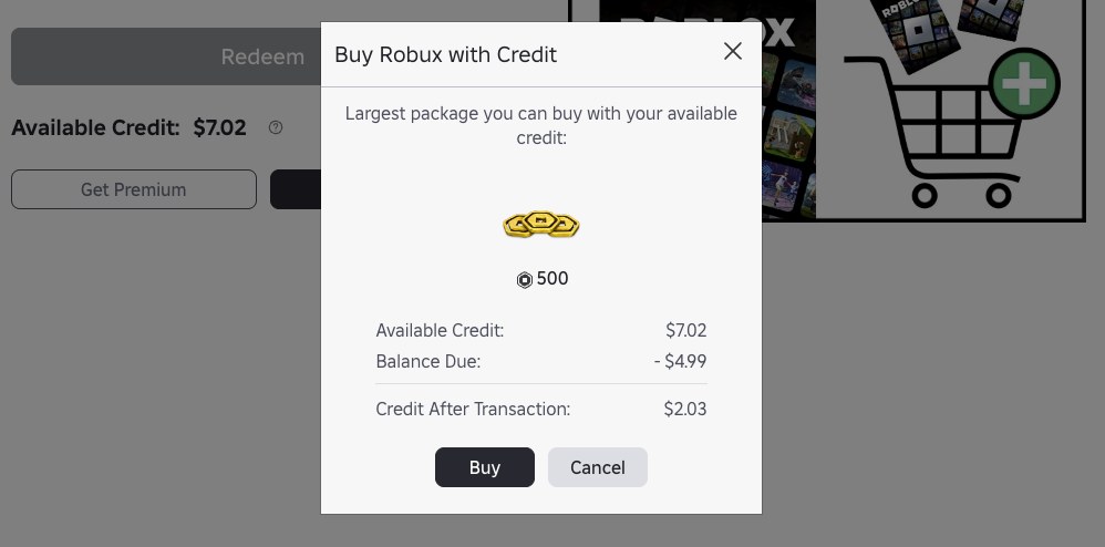 Buy Robux with Credit window showing a 500 Robux package and Buy button