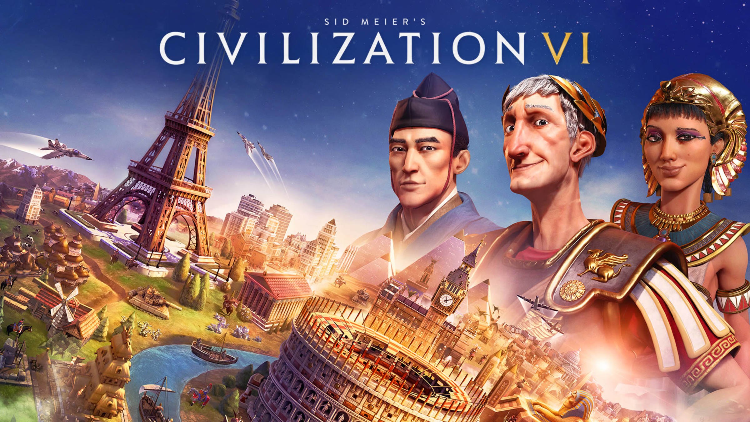 Civilization VI key art with three leaders in front of world landmarks