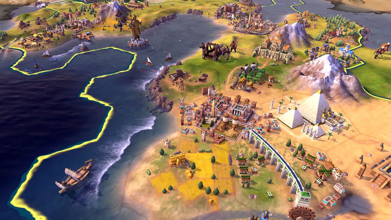 Civilization VI map with a coastal city, pyramids and an aqueduct