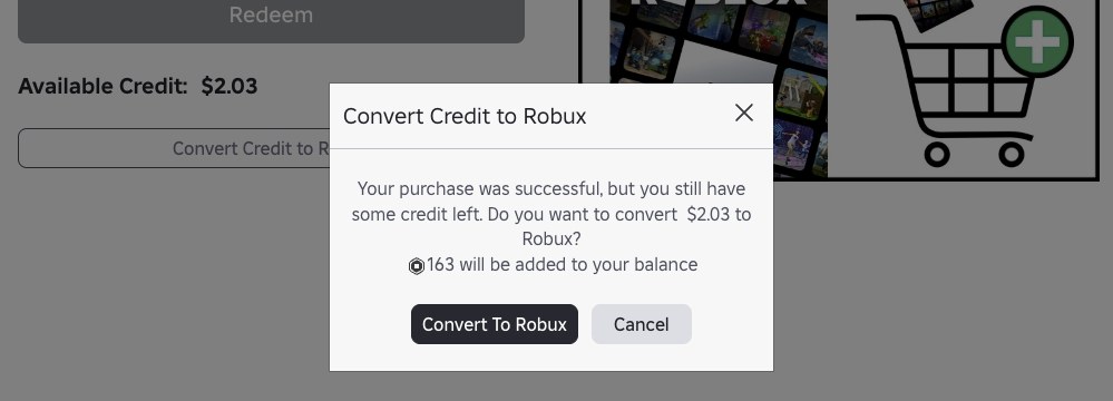 Convert Credit to Robux prompt offering to turn leftover Credit into Robux