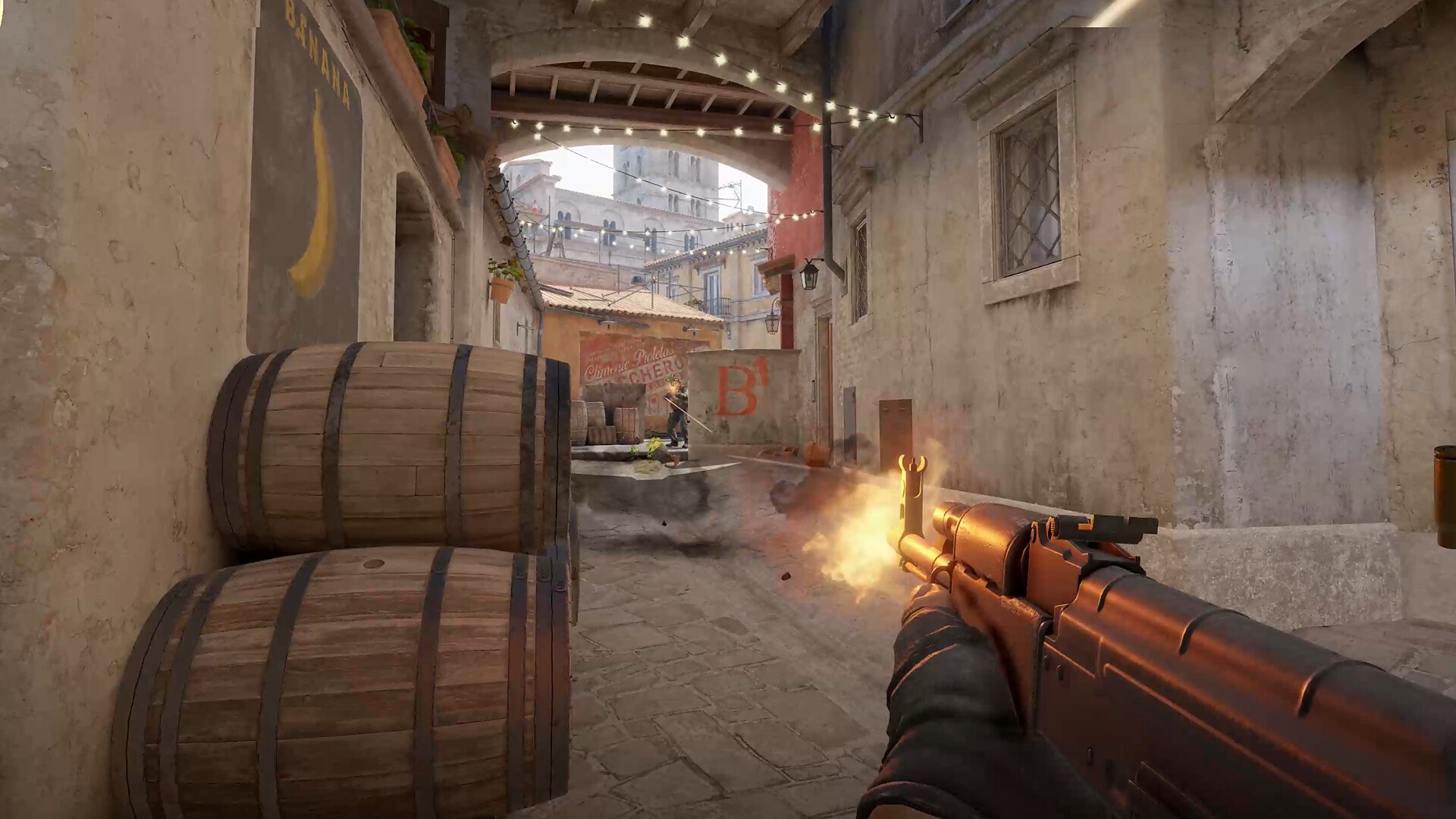 Counter-Strike 2 first-person view firing an AK-47 down an Italian alley