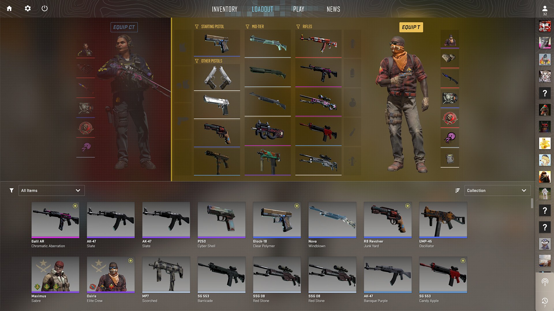 Counter-Strike 2 loadout screen listing weapon skins beside two equipped agents
