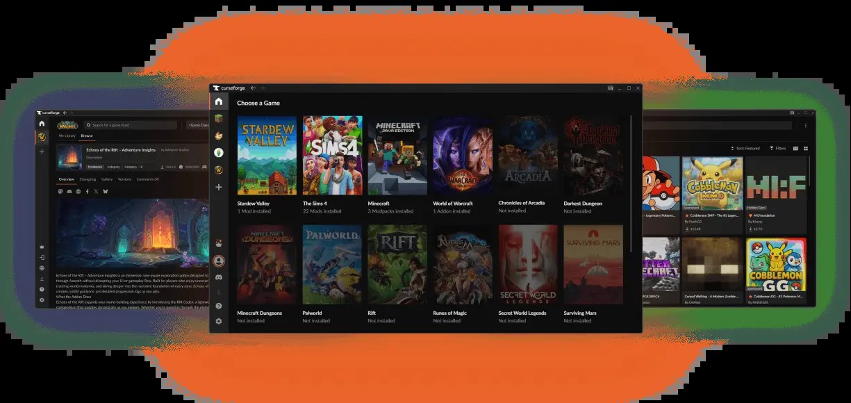 CurseForge app Choose a Game screen listing Minecraft with modpacks installed