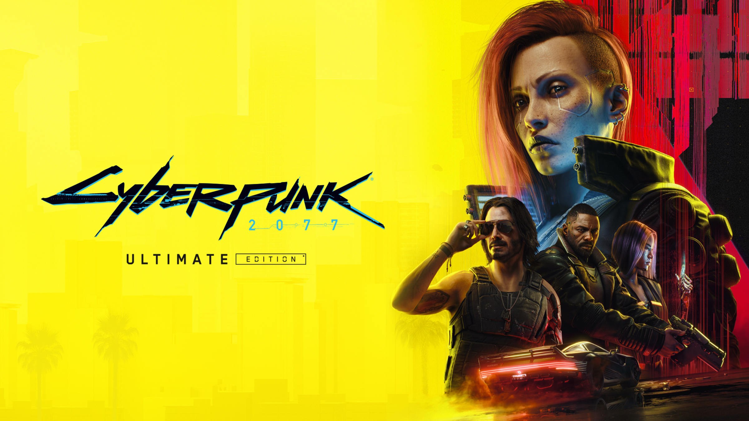 Cyberpunk 2077 Ultimate Edition key art with V, Johnny Silverhand and Solomon Reed
