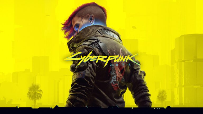 Cyberpunk 2077 key art of V in a Samurai jacket before a yellow skyline
