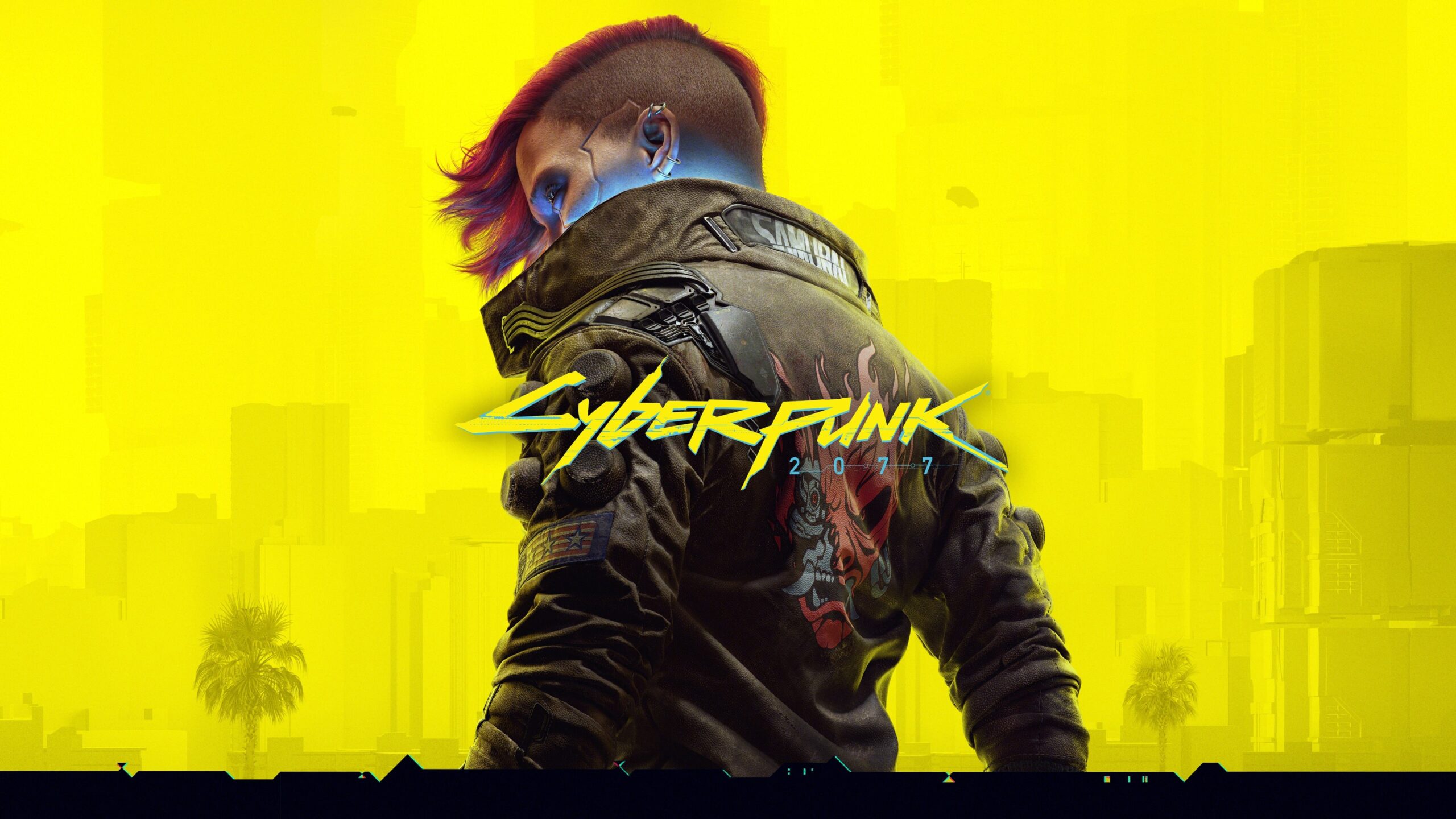 Cyberpunk 2077 key art of V in a Samurai jacket before a yellow skyline