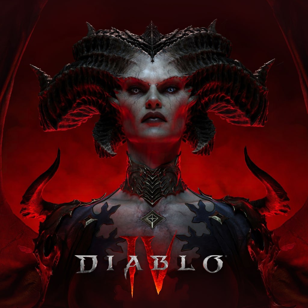 Diablo IV cover art showing Lilith with horns above the logo