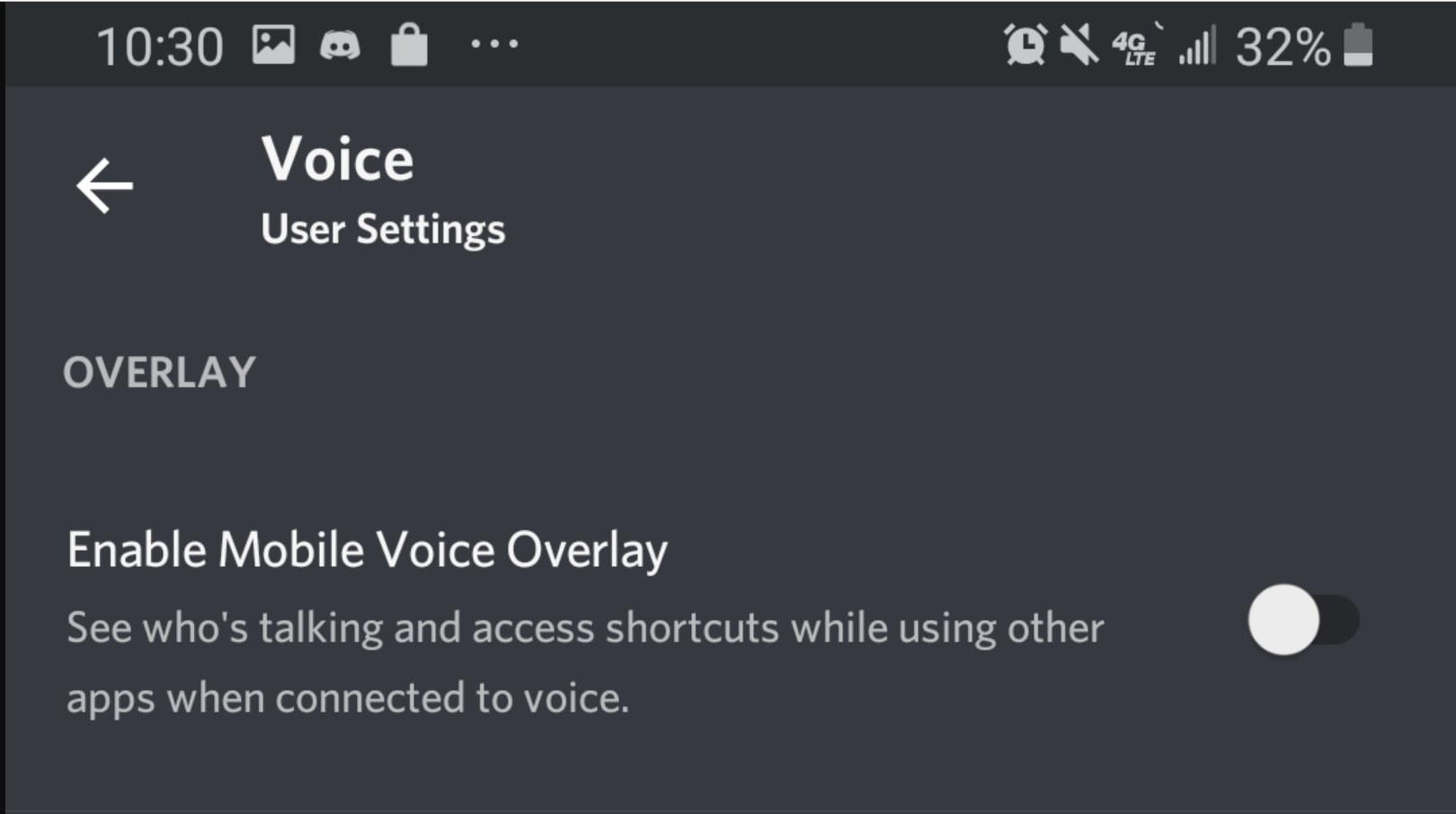 Discord Android Voice settings showing the Enable Mobile Voice Overlay toggle
