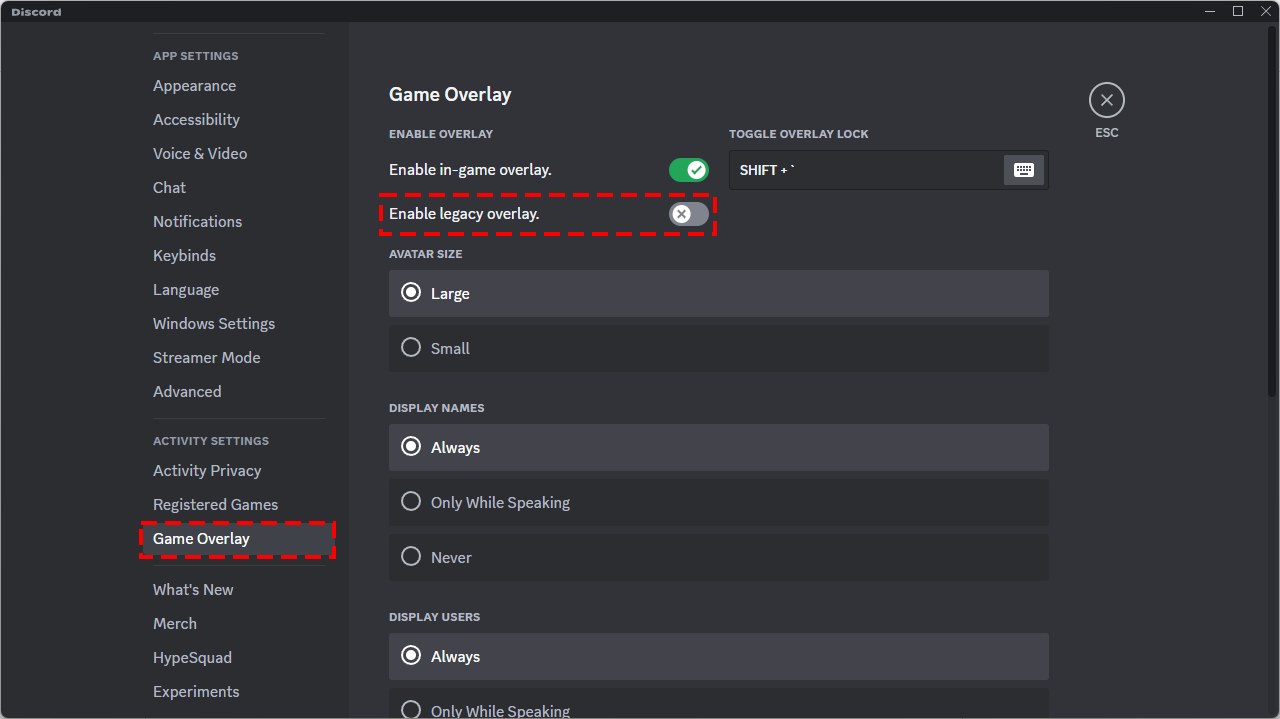 Discord Game Overlay settings page with overlay toggles and avatar size options