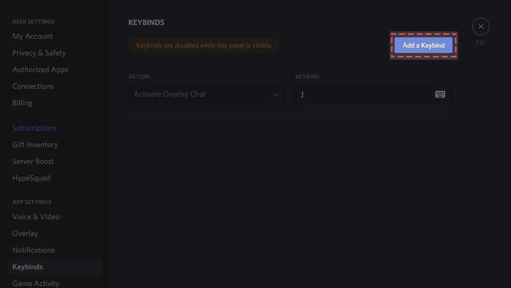 Discord Keybinds settings page with the Add a Keybind button highlighted