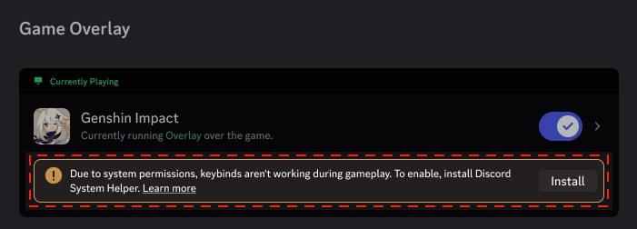 Discord System Helper install prompt in the Game Overlay settings