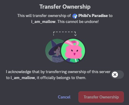 Discord Transfer Ownership confirmation window with an acknowledgement toggle