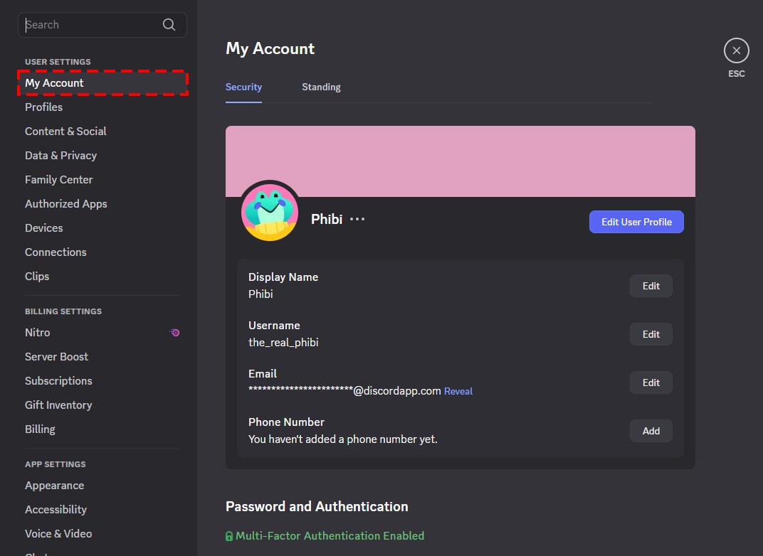 Discord User Settings with the My Account tab highlighted