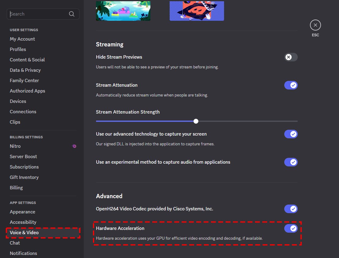 Discord Voice and Video settings with Hardware Acceleration toggle highlighted