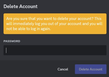 Discord desktop Delete Account window with a password field