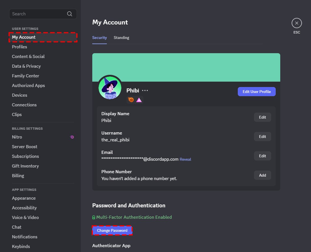 Discord desktop My Account settings with the Change Password button highlighted