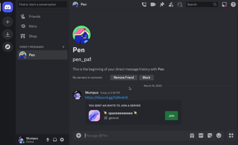 Discord desktop direct message showing a discord.gg invite with a green Join button
