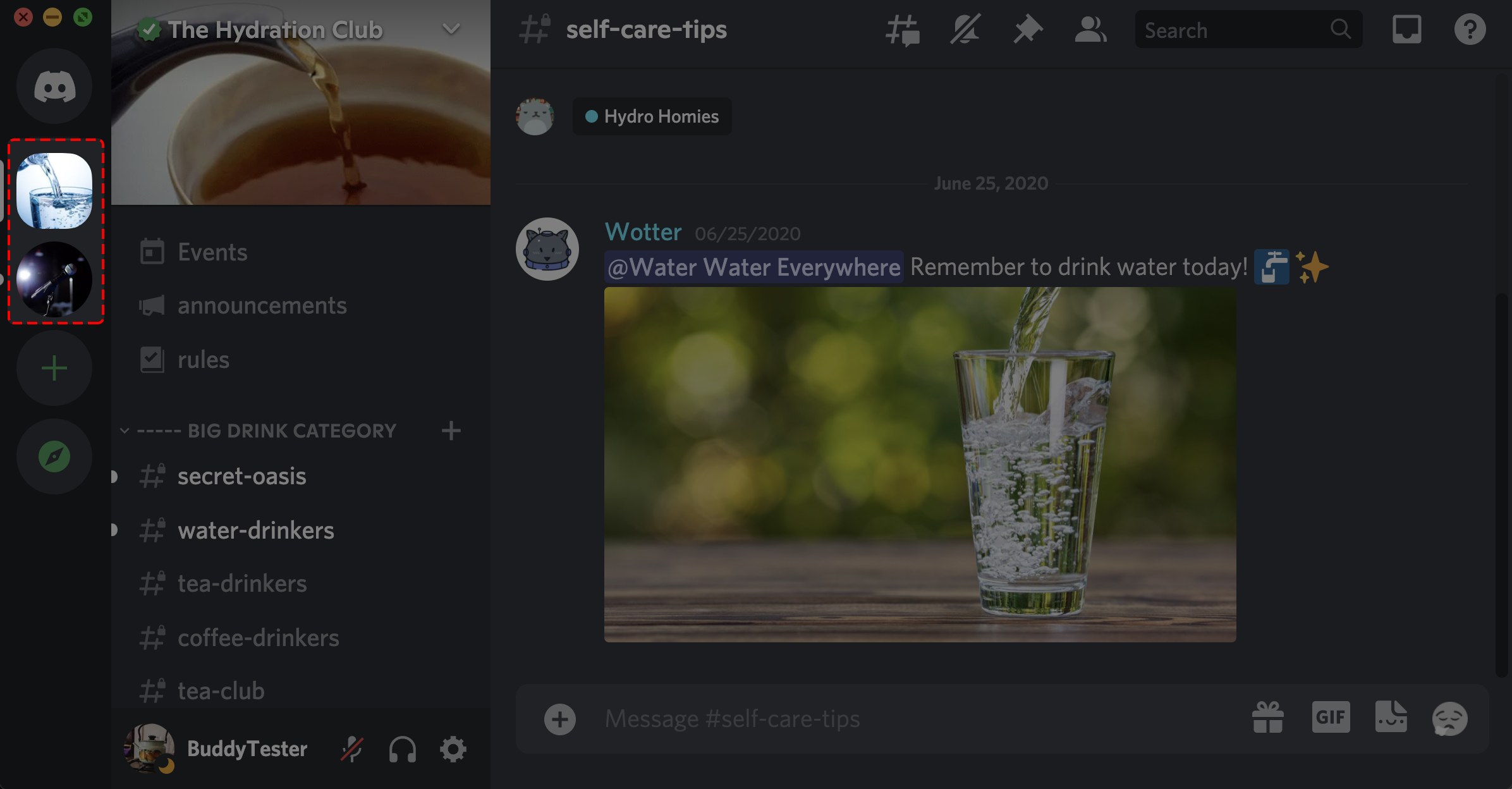 Discord desktop server list highlighted beside a server's text channels