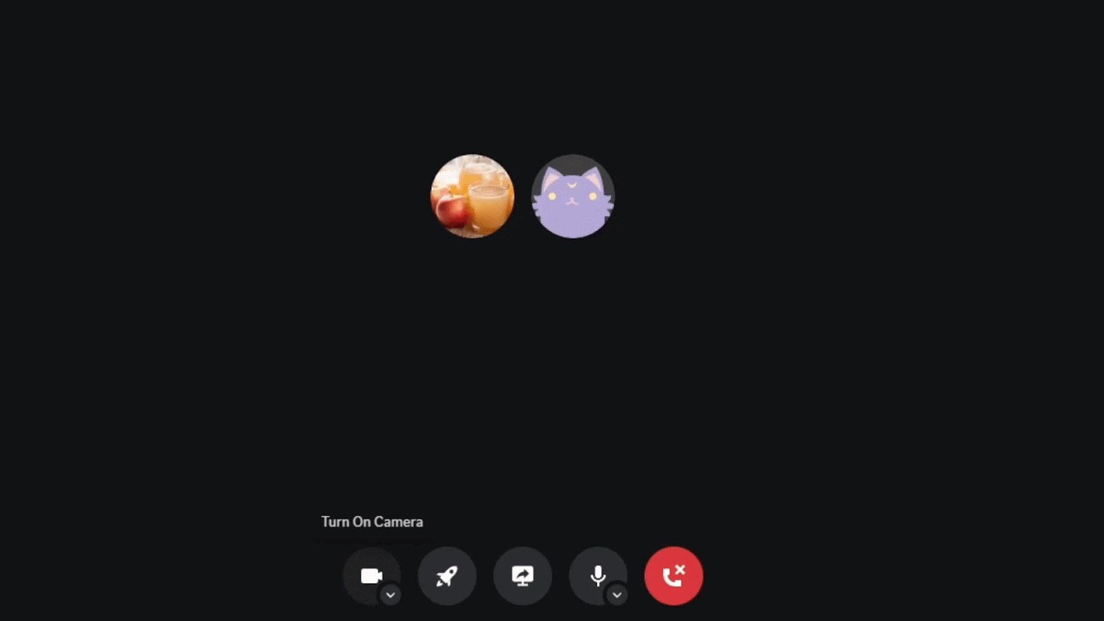 Discord direct message call with camera, screen share and hang-up buttons