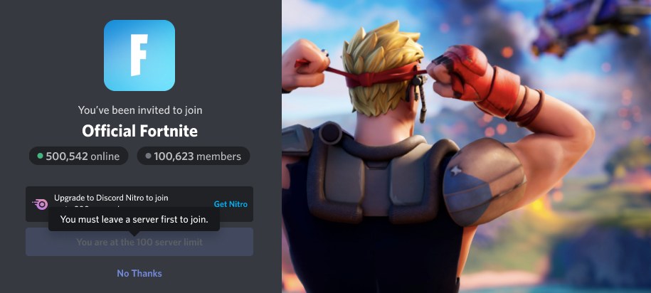 Discord invite screen with disabled button reading You are at the 100 server limit