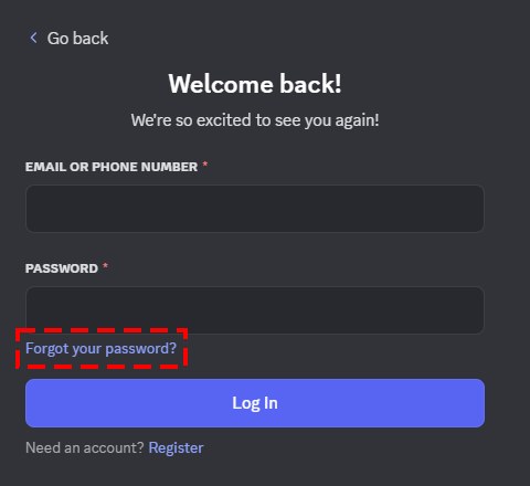 Discord login page with the Forgot your password? link highlighted