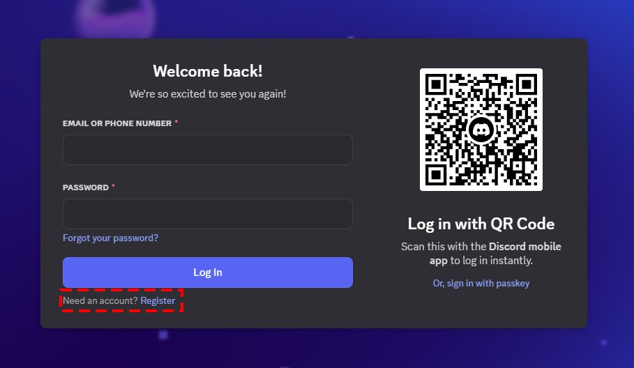 Discord login screen with the Register link highlighted below Log In