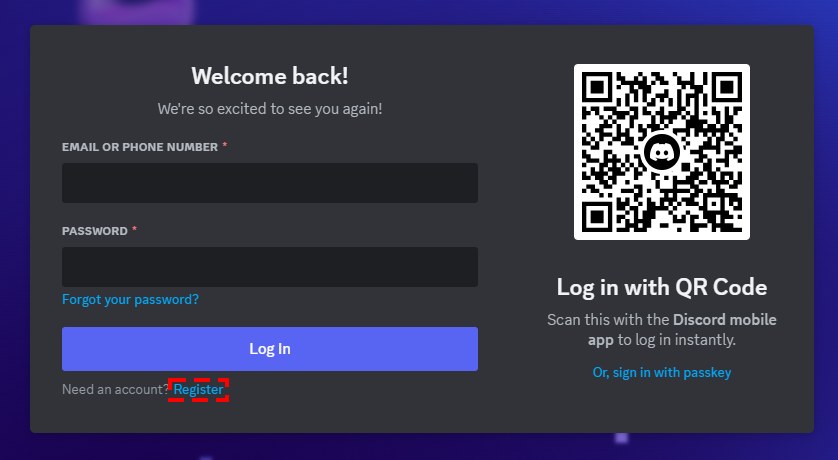 Discord login screen with the Register link highlighted below Log In
