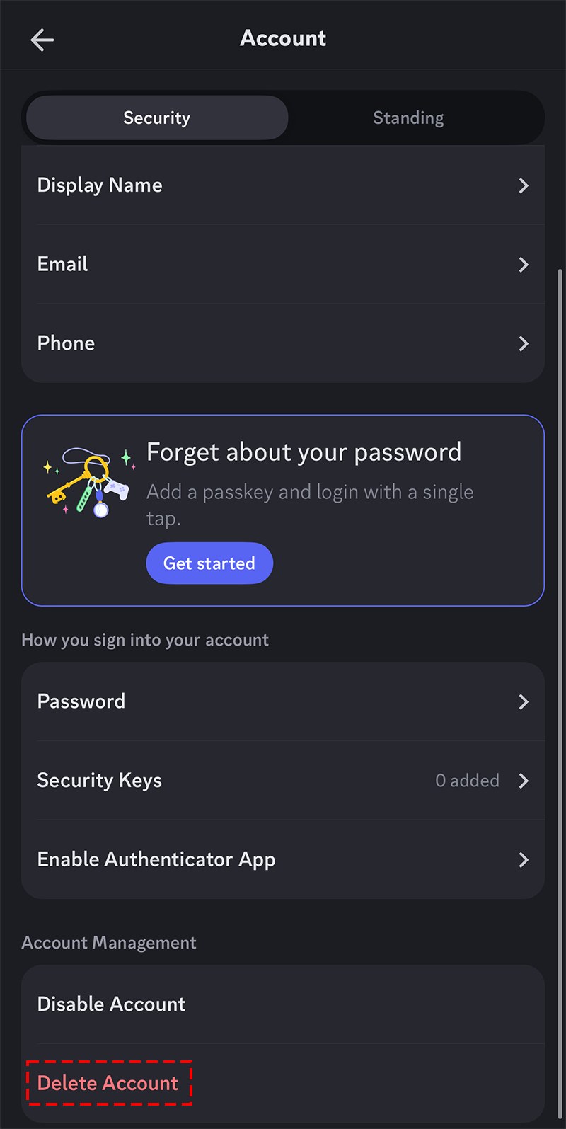 Discord mobile Account screen with Delete Account highlighted at the bottom