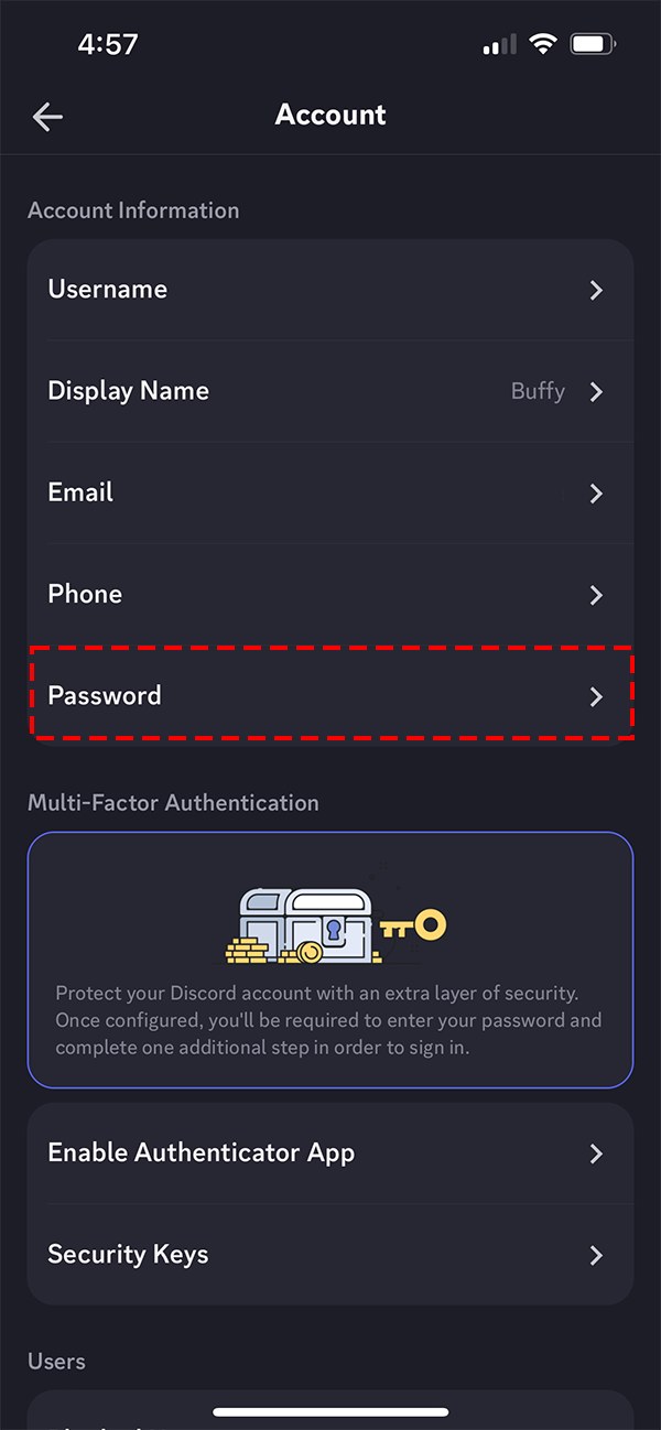 Discord mobile Account screen with the Password option highlighted