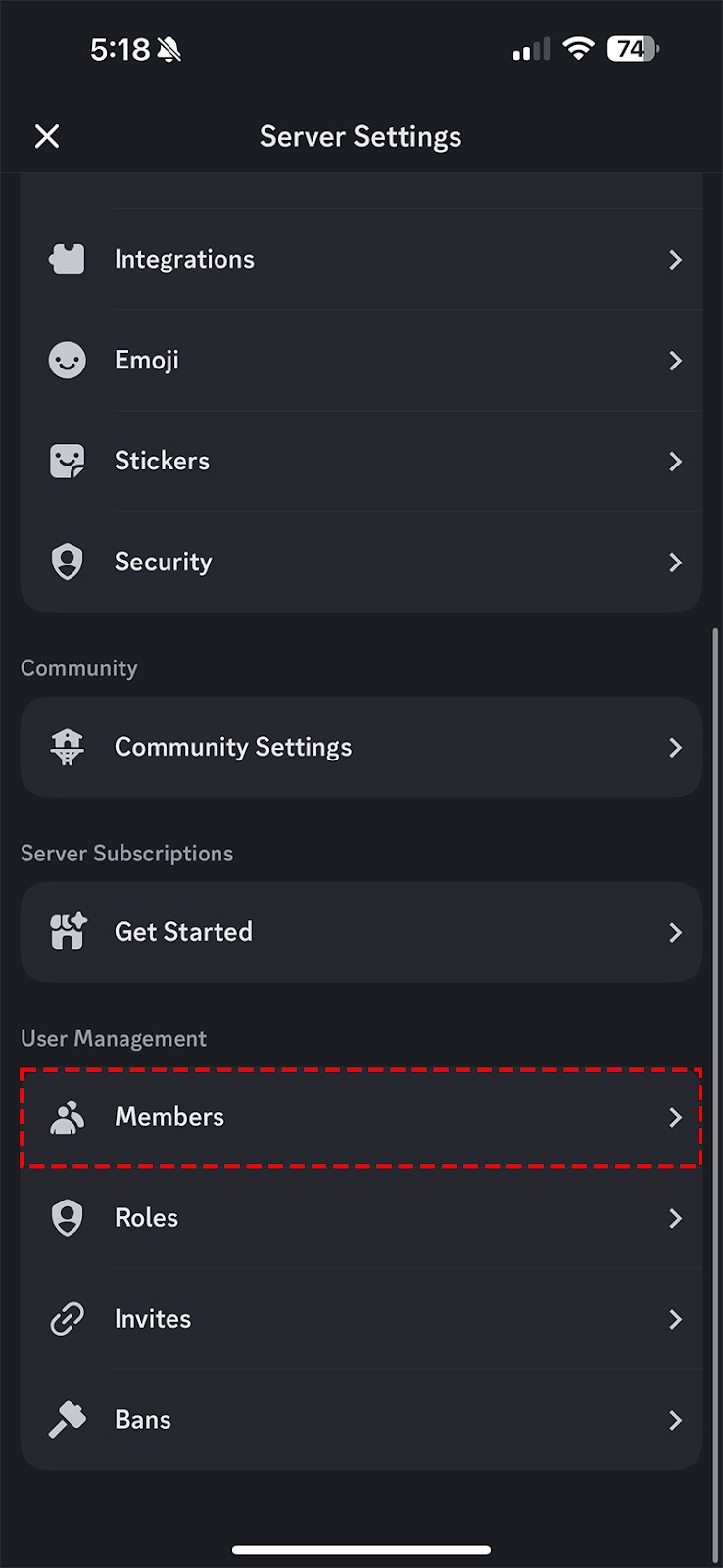 Discord mobile Server Settings list with Members highlighted under User Management