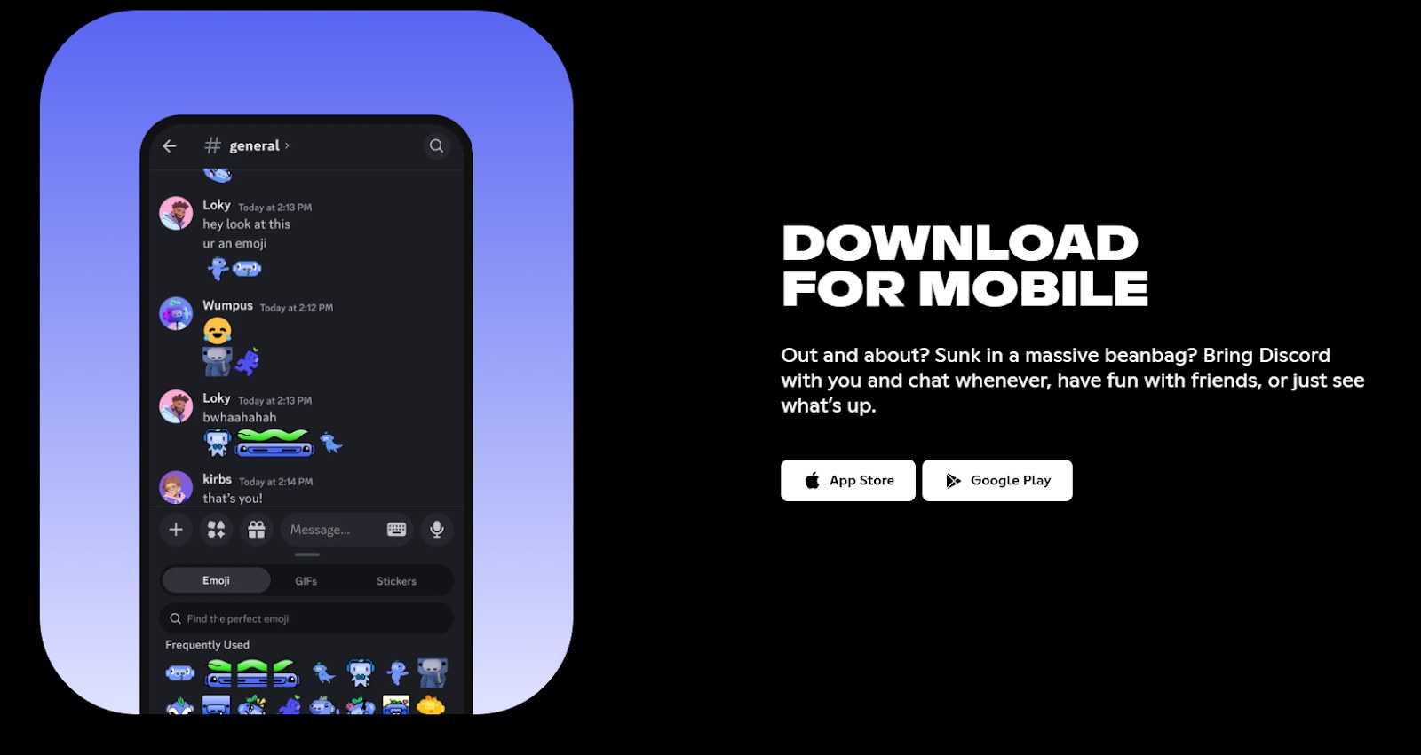 Discord mobile app chat on a phone beside App Store and Google Play buttons