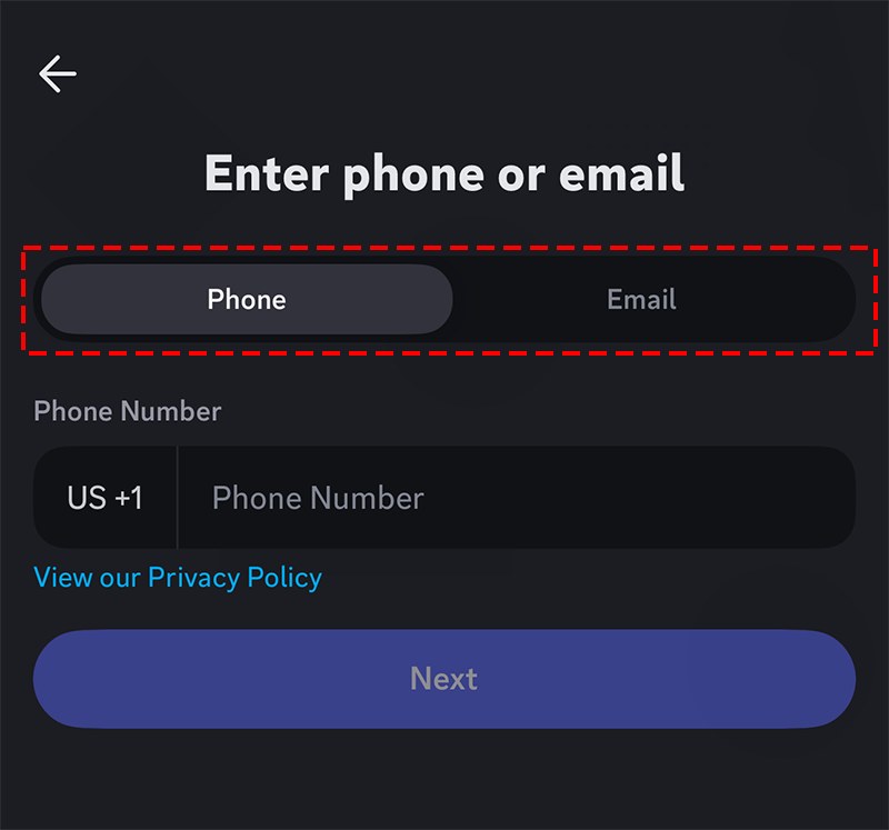 Discord mobile sign-up screen offering Phone or Email registration