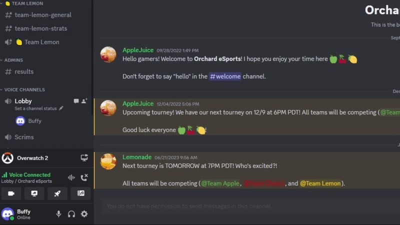 Discord server with Overwatch 2 detected above the voice panel