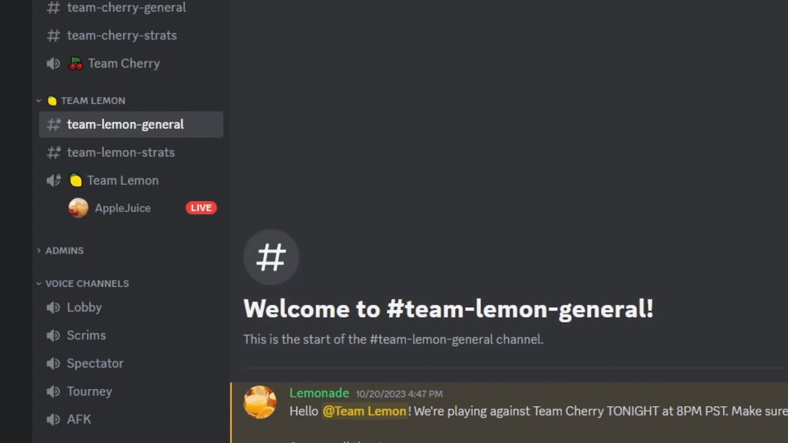Discord voice channel showing a red LIVE badge next to a member